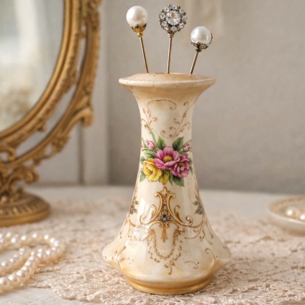 Victorian Porcelain Hatpin Holder England Floral Collectors Cottagecore Vintage